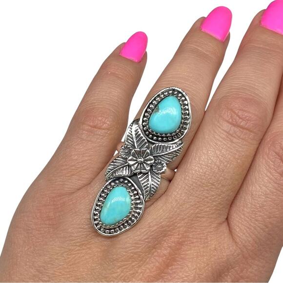 Campitos Turquoise Ring Size 6.5 Solid Sterling Silver 925 Natural Stone Flower - Picture 1 of 10